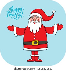Cartoon Santa Claus character with lettering phrase isolated on blue background. Hand-drawn flat vector illustration for card, poster, web banner, social media or print.