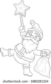 Cartoon Santa Claus character with presents sack and star sketch template. Graphic vector illustration in black and white for games, background, pattern, decor. Coloring paper, page, children's story 