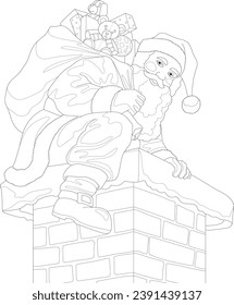 Cartoon Santa Claus character with presents climbs into the chimney sketch template. Graphic vector illustration in black and white for games, background, pattern, decor. Coloring paper, page, book