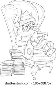 Caricatura de Santa Claus leyendo letras de niños en una plantilla de dibujo de sillón. Ilustración gráfica vectorial de invierno en blanco y negro para juegos, fondo, patrón, decoración. Papel colorido, página, libro