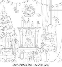 Cartoon Santa Claus character reading book in armchair in living room sketch template. Graphic winter season vector illustration in black and white for game. Coloring paper, page, childrens story book