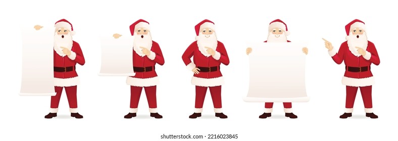 Caricatura de Santa Claus ambientada en diferentes poses. Apuntar, mostrar, sostener una tabla vacía en blanco. Ilustración aislada de la Navidad vectorial. 