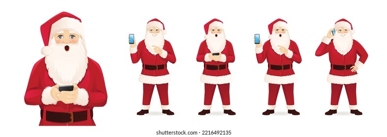 Cartoon Santa Claus character set in different poses. Holding mobile phone, talking, texting and showing empty screen. Vector Christmas illustration isolated on white background. 