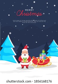 Cartoon Santa Claus Character With Sleigh Full Of Gift Boxes And Xmas Trees On Blue Snowfall Background For Merry Christmas.