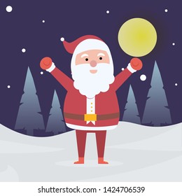 Cartoon Santa Claus for Christmas and New Year greeting Design or Animation. Vector isolated illustration of happy Santa Claus with background snow