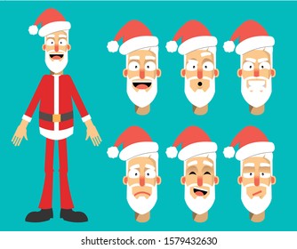 Cartoon Santa Claus for Christmas and New Year greeting Design or Animation. Vector isolated illustration of happy Santa Claus and different emotions in colorful flat style
