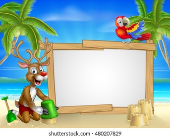 Cartoon Santa Claus and Christmas Reindeer playing on a beach making sandcastles by the beach with tropical palm trees, parrot and large blank sign for your text