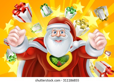 Cartoon Santa Claus Christmas superhero character with presents and stars in the background