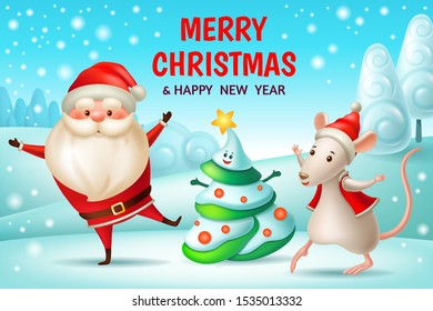 Cartoon santa claus, christmas tree and rat. Chinese new year. 3d vector illustration.