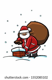 Cartoon Santa Claus climbing into the chimney to deliver his sack of gifts. EPS 10 vector.