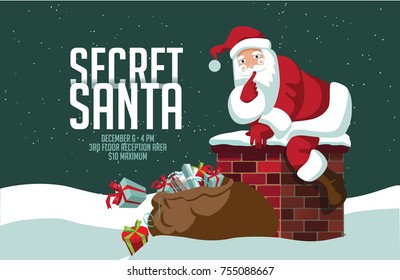 Cartoon Santa Claus climbing into the chimney to deliver his sack of gifts. Background for Secret Santa with copy space. EPS 10 vector.