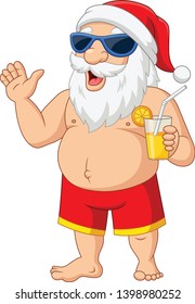 Cartoon Santa Claus with a cocktail waving