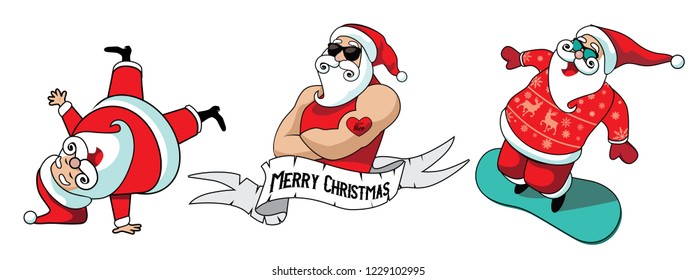 Cartoon Santa Claus collection with break dancing Santa, muscle man with naughty and nice tattoos and snowboarding Saint Nick. Set of Christmas mascot logo ideas. Eps10 vector illustration.