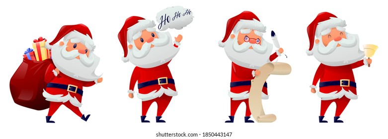 Cartoon santa claus collection. Funny Santa Claus celebrating Christmas and New Year.  Happy Santa with bag and gifts. Characters with different emotions Santa. Vector illustration