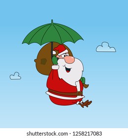 Cartoon Santa Claus comes down on an umbrella with gifts.