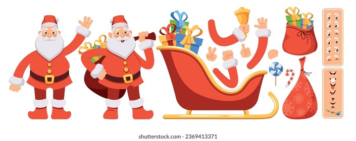 Cartoon Santa Claus Creation Kit. Father Noel Body Parts, Hands, Legs, Head, Gestures, Face Emotions, Sack, Presents