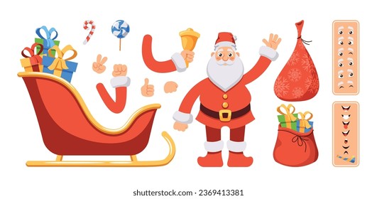 Cartoon Santa Claus Creation Kit. Father Noel Body Parts, Hands, Gestures, Face Emotions, Sled With Gifts, Sack