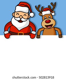 Cartoon santa claus and deer with blank sign