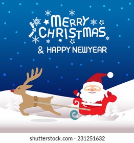 Cartoon Santa Claus and deer. Merry Christmas card design