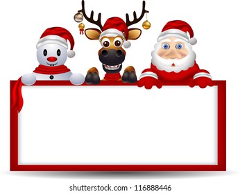 cartoon santa claus ,deer and snowman with blank sign