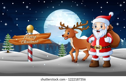 Cartoon santa claus and deer standing in the snow with a bag of gifts