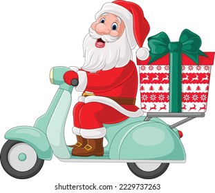 Cartoon santa claus delivering gifts on a scooter