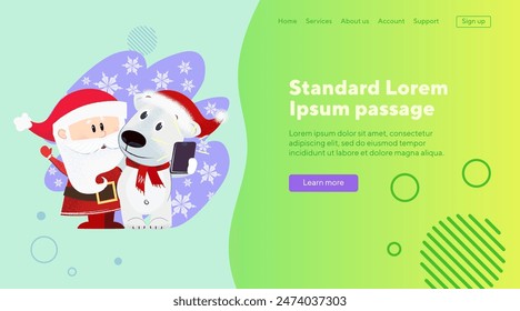 Cartoon Santa Claus and dog talking on phone. Christmas wish or communication concept. Vector illustration can be used for festive poster, web design or landing page