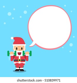 Cartoon santa claus doing dumbbell curl exercise with white speech bubble