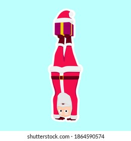 Cartoon Santa Claus is doing a handstand. Funny sticker with Santa Claus showing his good shape. 