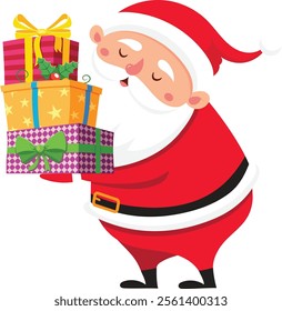 Cartoon Santa Claus, dressed in a bright red suit with a fluffy white beard, joyfully holding a colorful stack of Christmas gifts, spreading holiday cheer to children worldwide