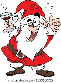 Cartoon Santa Claus drinking wine and having fun vector illustration