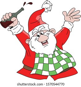 Cartoon Santa Claus drinking wine and having fun vector illustration