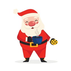 Cartoon Santa Claus Drinks A Hot Drink And Eats Chocolate Chip Cookie. Merry Christmas. Vector Graphic.