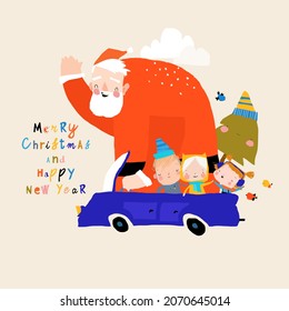 Cartoon Santa Claus driving by Car with Happy Children