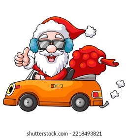 Cartoon santa claus driving a car to send gifts isolated on white background