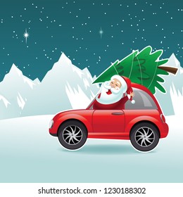 Cartoon Santa Claus driving a cute car with his new Christmas tree tied to the top. Eps10 vector illustration.