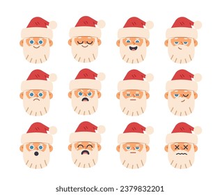Cartoon Santa Claus emotion set on isolated background. Christmas vector face icons