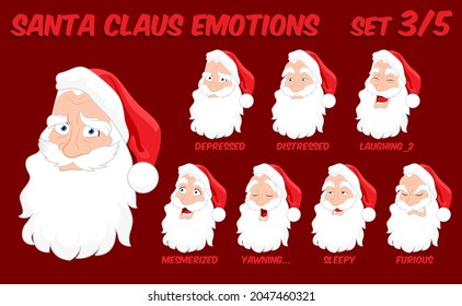 Cartoon Santa Claus face expression variations, emotions collection set #3, vector illustration