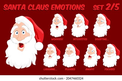 Cartoon Santa Claus face expression variations, emotions collection set #2, vector illustration