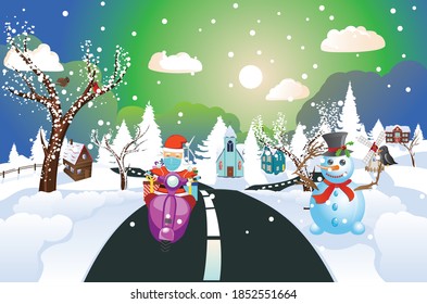 Cartoon Santa Claus in face mask rides scooter with gifts on night winter town.