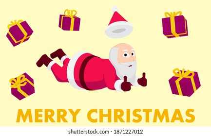 Cartoon Santa Claus is falling with gifts. Happy Santa Claus is flying to give presents everyone. 