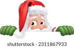 Cartoon Santa Claus or Father Christmas peeking over a sign