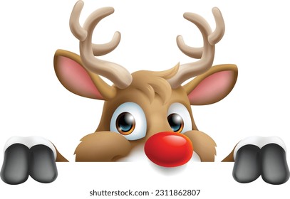 Cartoon Santa Claus or Father Christmas reindeer peeking over a sign