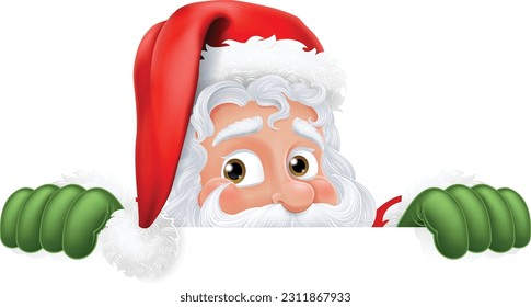 Cartoon Santa Claus or Father Christmas peeking over a sign