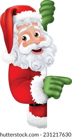 Cartoon Santa Claus or Father Christmas peeking around a sign and pointing