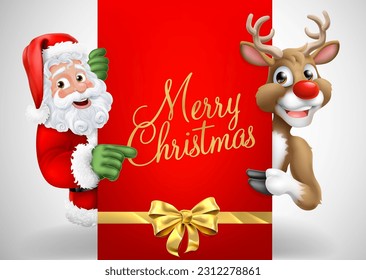 Cartoon Santa Claus or Father Christmas and his reindeer peeking around a sign and pointing