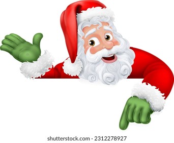 Cartoon Santa Claus or Father Christmas peeking over a sign and pointing