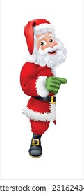 Cartoon Santa Claus or Father Christmas peeking around a sign and pointing