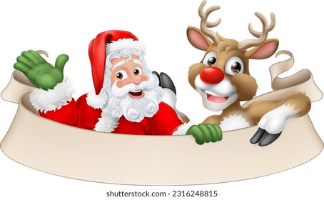 Cartoon Santa Claus or Father Christmas and his reindeer peeking over a scroll sign