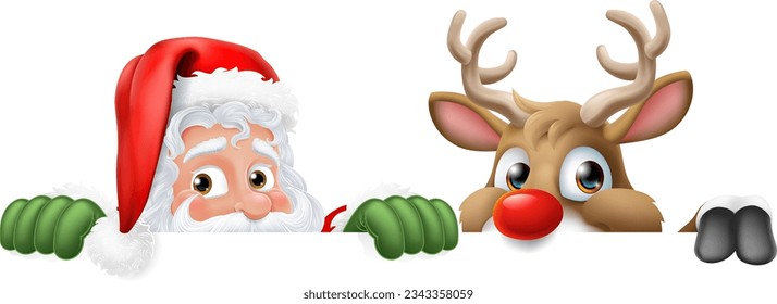 Cartoon Santa Claus or Father Christmas and his reindeer peeking over a sign